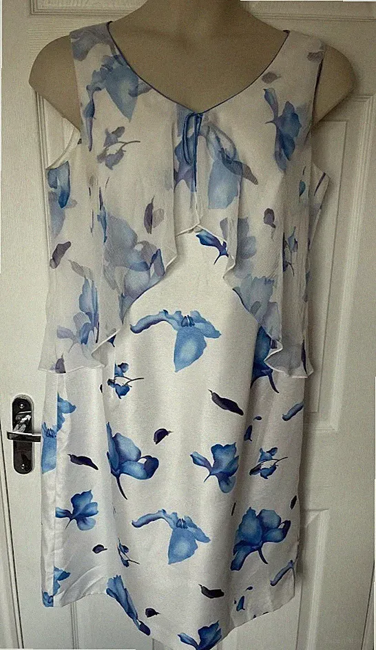 Jacques Vert Kleid Größe 18 weiß blau Satin Blumen Brautmutter Anlässe