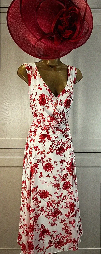 Jacques Vert Midikleid UK 14 korallenrot elfenbein Hochzeit Mutter Gast Rennen Party