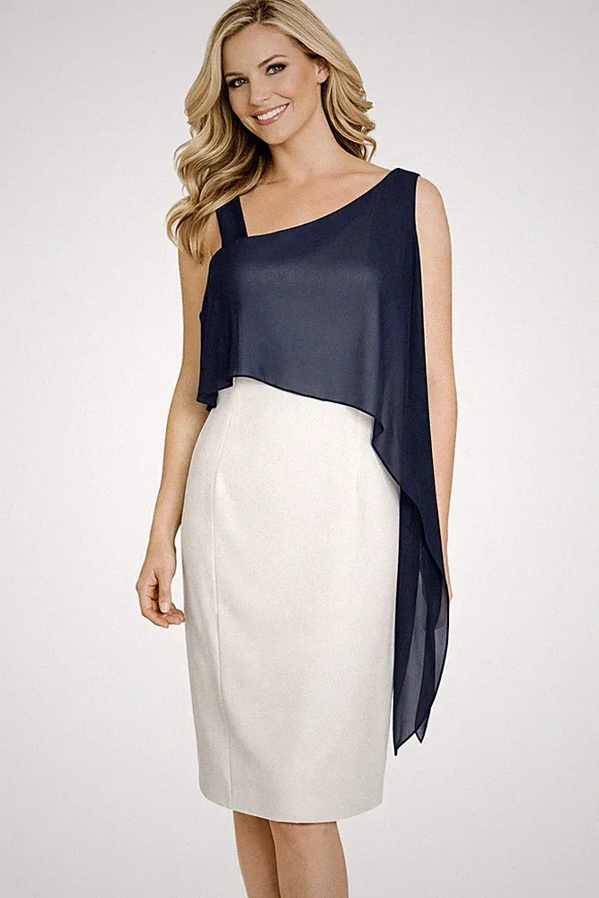 Jacques Vert Overlay Kleid UK 12 Navy Weiß Hochzeit Gast Rennen
