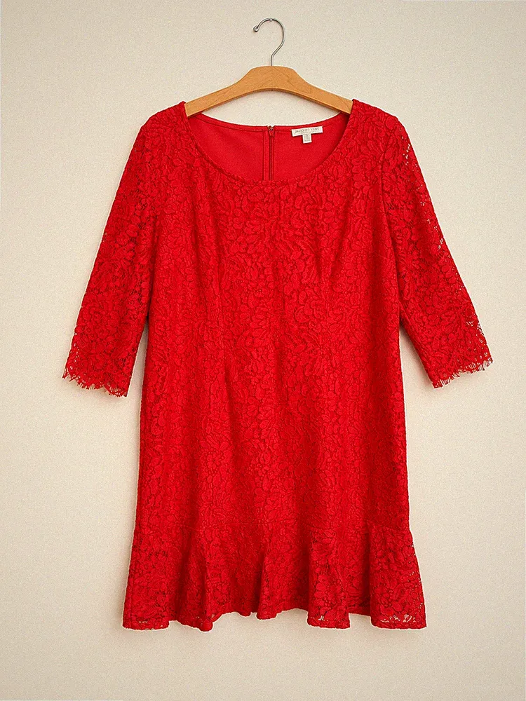 Jacques Vert rotes Spitzenkleid UK 18 zierlich Hochzeit Gast Anlass Party 3/4 Arm