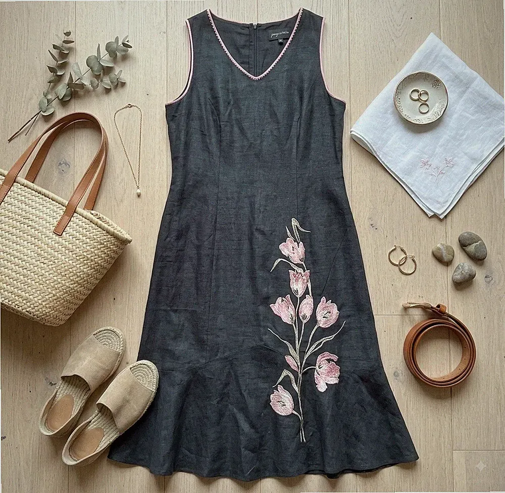 Jacques Vert schwarzes Midikleid Größe 16 rosa Blumen bestickt Hochzeitsgast