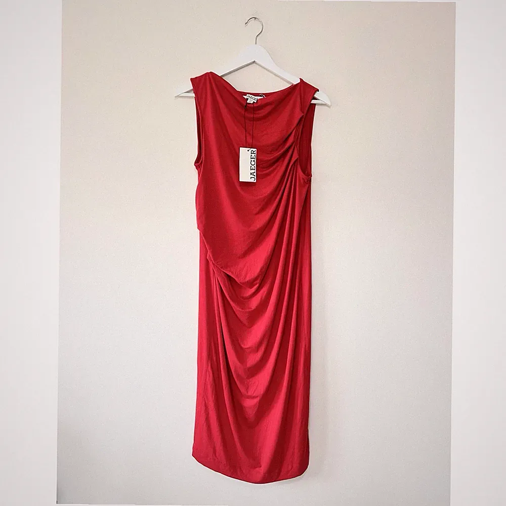Jaeger Jersey Bodycon Midikleid Gr. 12 rot gerafft UVP 99£