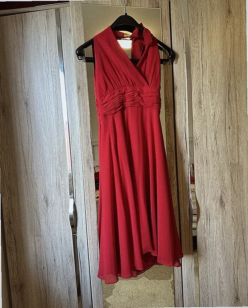 Jake's Cocktail Damen Kleid 38 rot Chiffon A-Linie V-Ausschnitt Neckholder