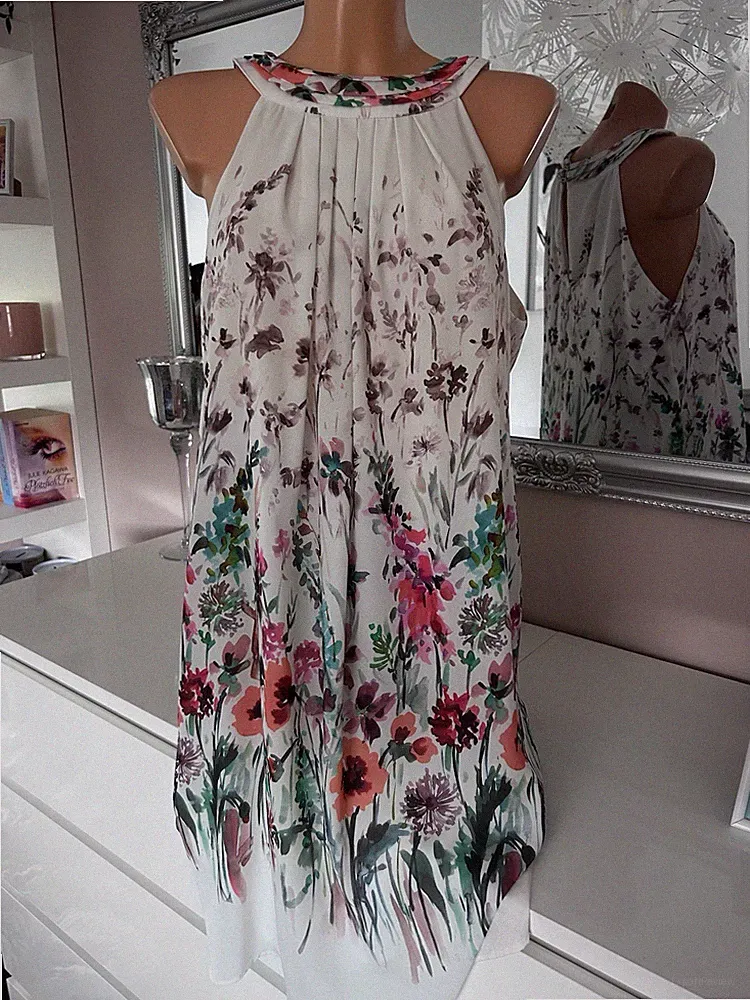 Jake*s Damen A-Linien Kleid Neckholder ärmellos kurz Blumen Falten RV