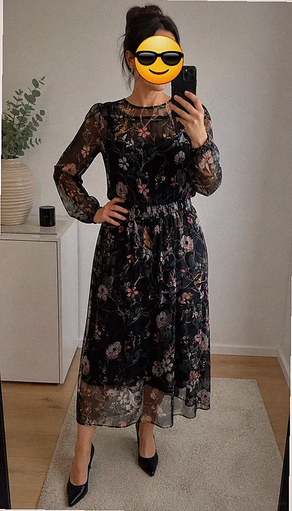 Jake*s Damen Midi A-Linien Kleid 42 schwarz Blumen Chiffon Spitze Langarm