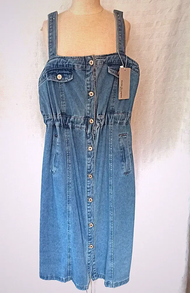Jeans Kleid 💙 Damen Midi Träger Blau Tailliert Knöpfe D848R -L- passt 40,42,M