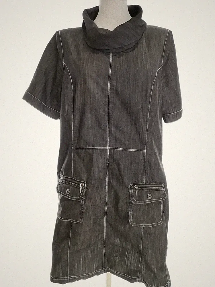 JENSEN Damen A-Linien-Kleid Gr. 40 Grau Baumwolle Kurzer Ärmel Logo Knielang