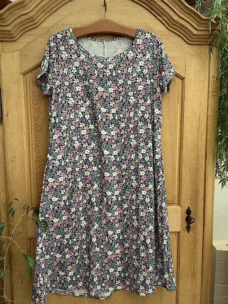 Jersey Kleid Xl Blumen mit Seitlichen Taschen Neu