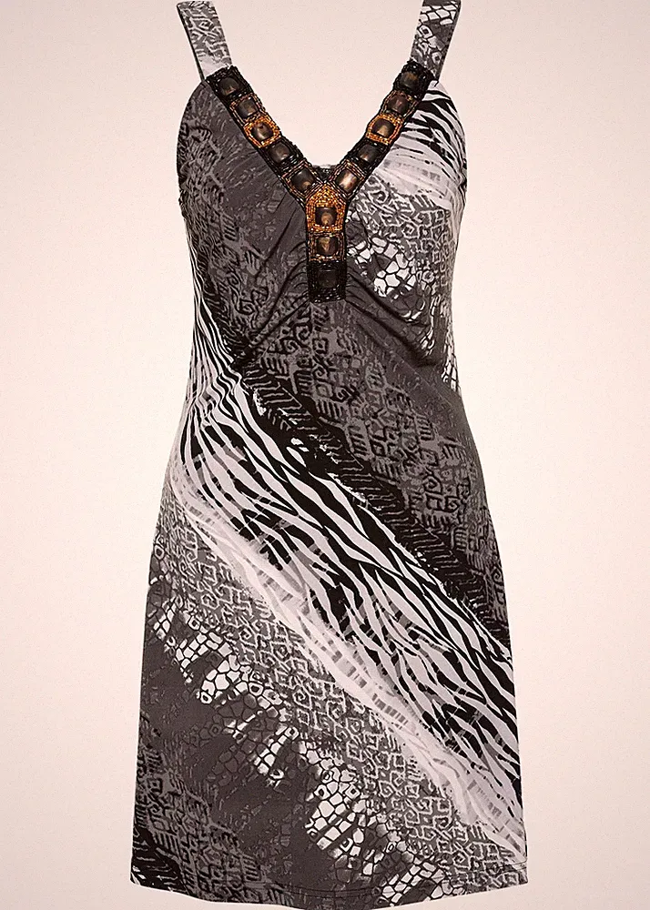 Jerseykleid in A-Linie Gr. 32/34 Schwarz Weiss Bedruckt Damen Sommer-Kleid Neu