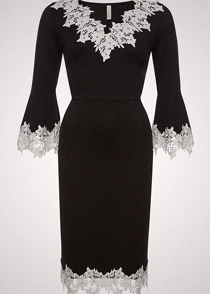 Jerseykleid mit Spitze Gr. 48/50 Schwarz Weiß Damen Etuikleid Abendkleid Neu