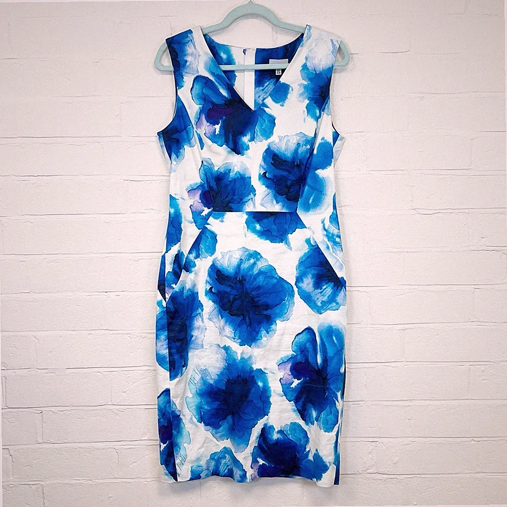 Jigsaw Kleid V-Ausschnitt unterhalb des Knies blau & weiß Blumen Leinenmischung Hochzeitsgast 12