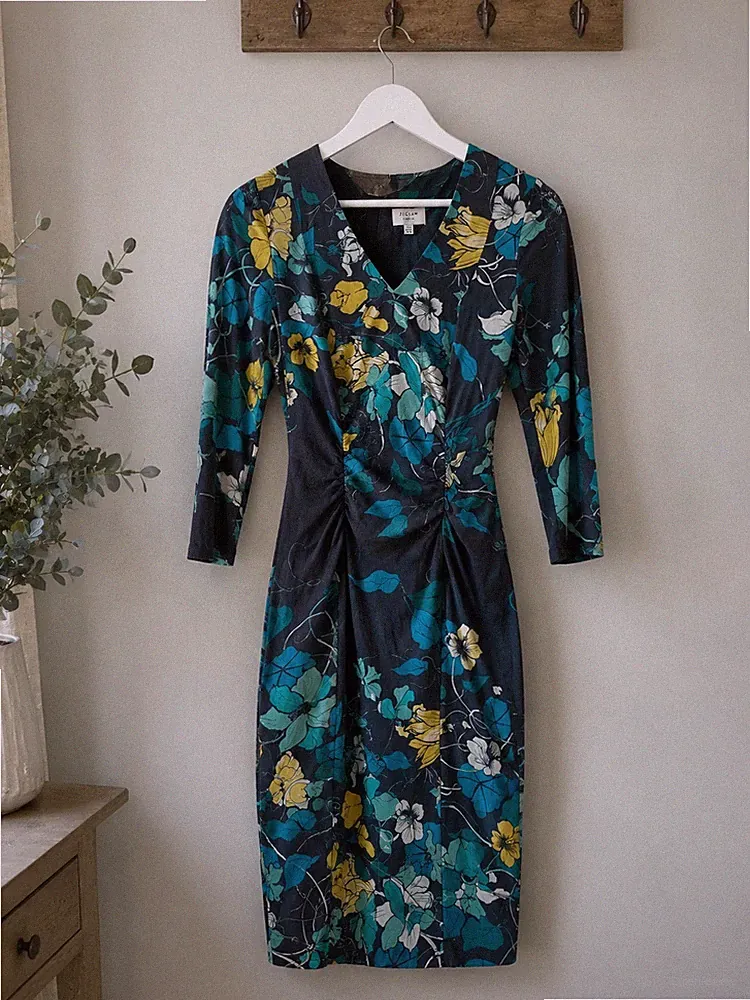 Jigsaw Seidenmischung Blumen Midikleid UK 8 marineblau türkis Hochzeit Gast gerafft V-Ausschnitt