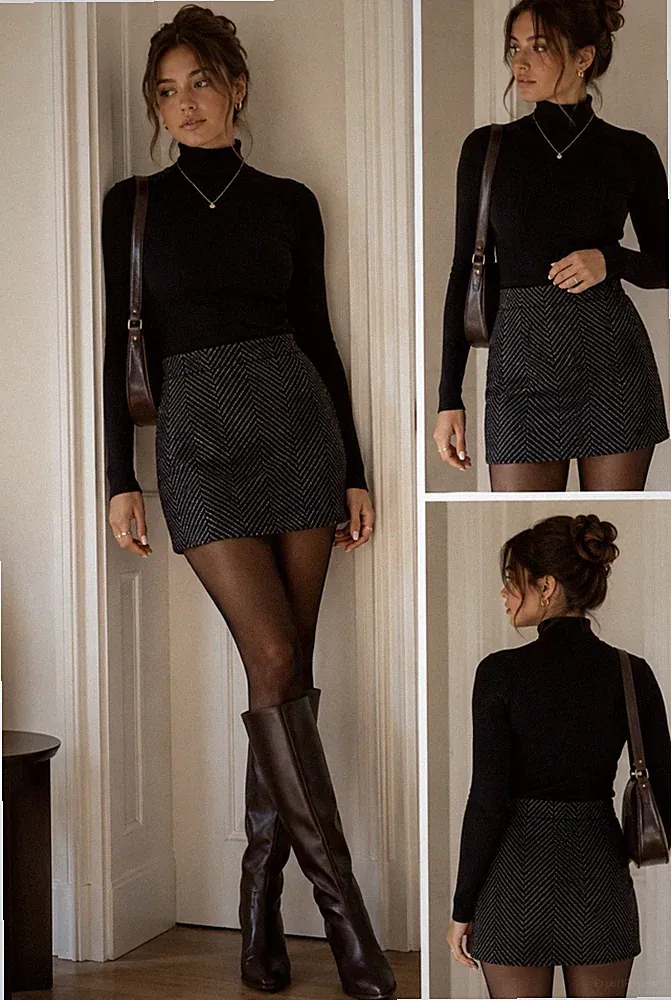 Jigsaw Wolle Tweed Fischgrät A-Linie Minirock schwarz grau UK 10
