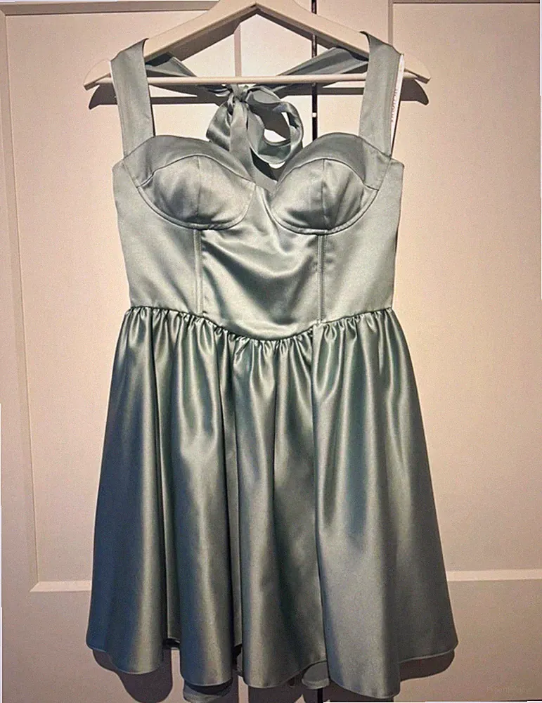 JJ‘s House Satin A-Linien-Kleid kurz Grau Gr. 38 Herz-Ausschnitt Schleife