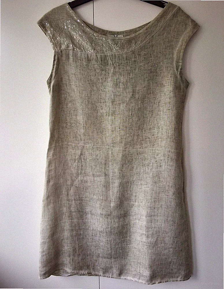 JNC Couture Damen Leinenkleid Grün ärmellos Rundhals Pailletten Gr. 38