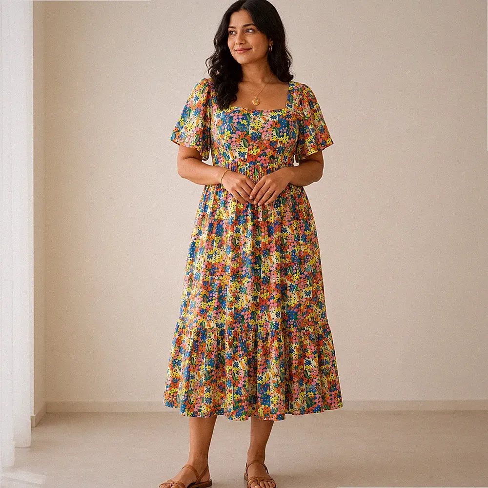 Joanie x Zeena Kleid Gr. UK 18 Patchwork Blumen Midi hell Sommer Dopamin