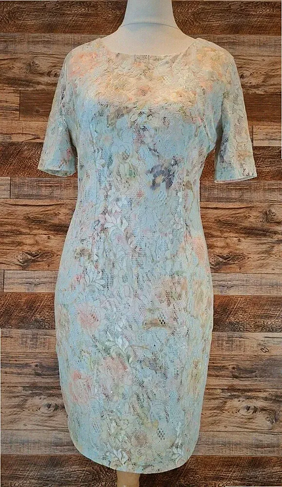 Jolie Moi hellblau Blumen Spitze Overlay Midikleid UK 12 Hochzeit Gast Party