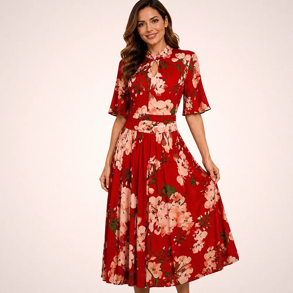 Jolie Moi Kleid UK 12 rot Blumen Midi Schlagärmel Hochzeit Gast Rennen Party