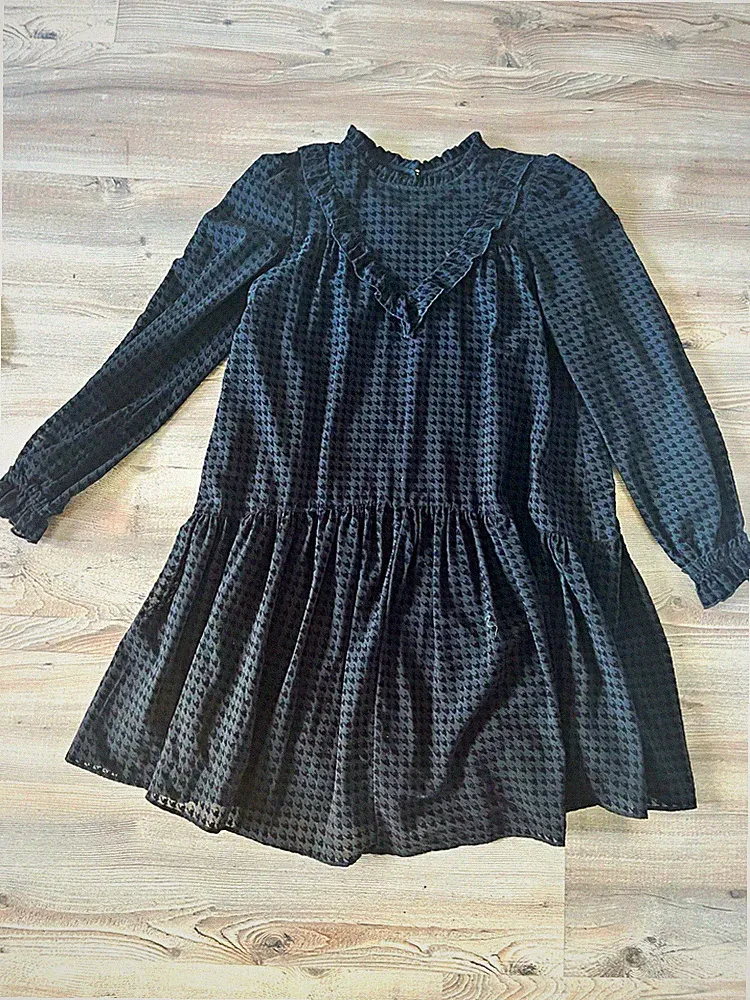 JOOP! Damen Kleid kurz schwarz Hahnentritt A-Linie Stehkragen Langarm Rüschen