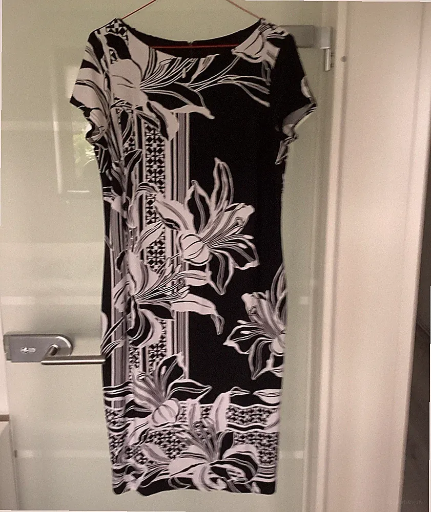 Joseph Ribkoff Etuikleid Damen 42 schwarz/weiß Blumen Kurzarm Rundhals knielang