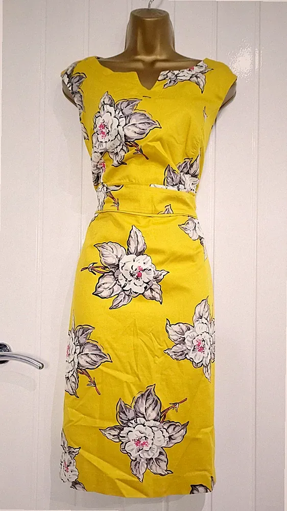 JOULES Gr. 14 gelb senf 100% Baumwolle Sommer Etuikleid Wackelkleid geblümt sehr guter Zustand