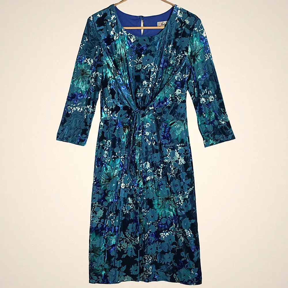 Julianna Kleid Gr. UK 12 Blau Blumen Samt Devore Midi Hochzeit Gast Party