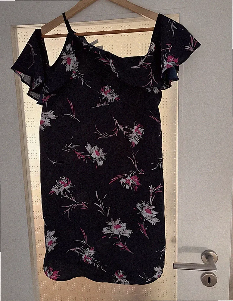 Juliet Damen Etuikleid Blau Blumen Gr. M Polyester Chiffon Kurzarm Rüschen Kurz