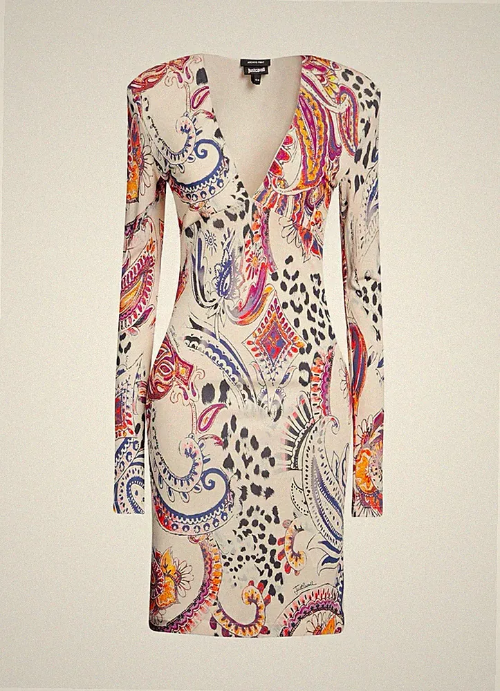 Just Cavalli Damen Etuikleid Gr. 36 knielang Langarm V-Ausschnitt Paisley