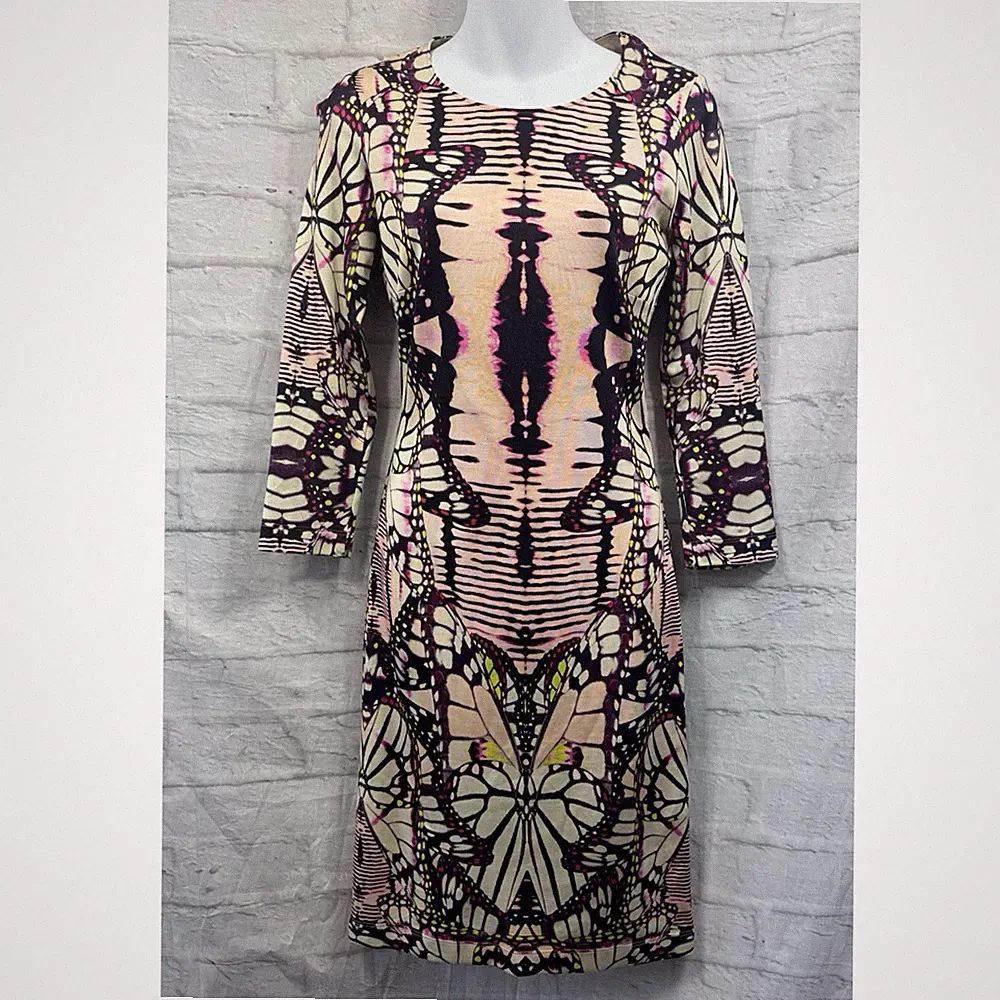 Just Cavalli Etuikleid abstrakt Schmetterling 3/4 Arm rosa lila Gr. UK 10 42