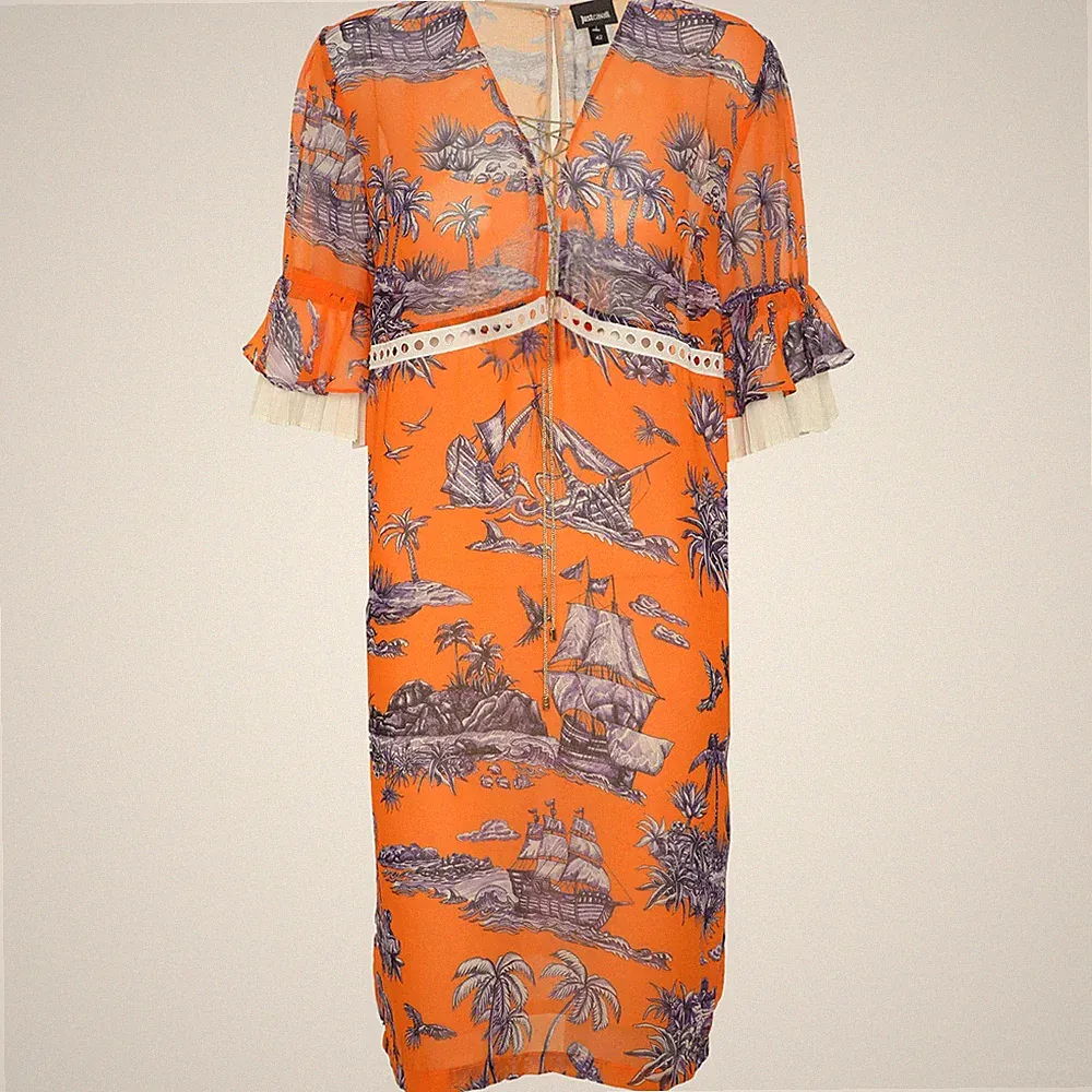 Just Cavalli Etuikleid Tropical Pirate Print Chiffon Rüschenärmel M