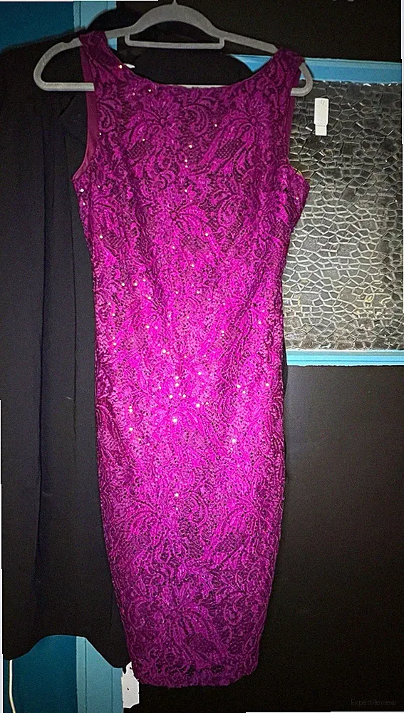 JUSTFAB Damen Etui-Kleid Gr. M lila Spitze Pailletten ärmellos Rundhals knie