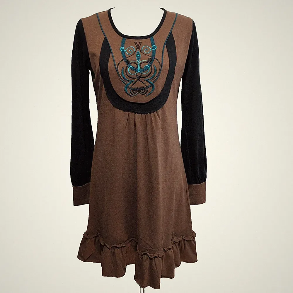 Kéawa Kleid L Schokobraun Schwarz Langarm Bestickt Neu Etikett