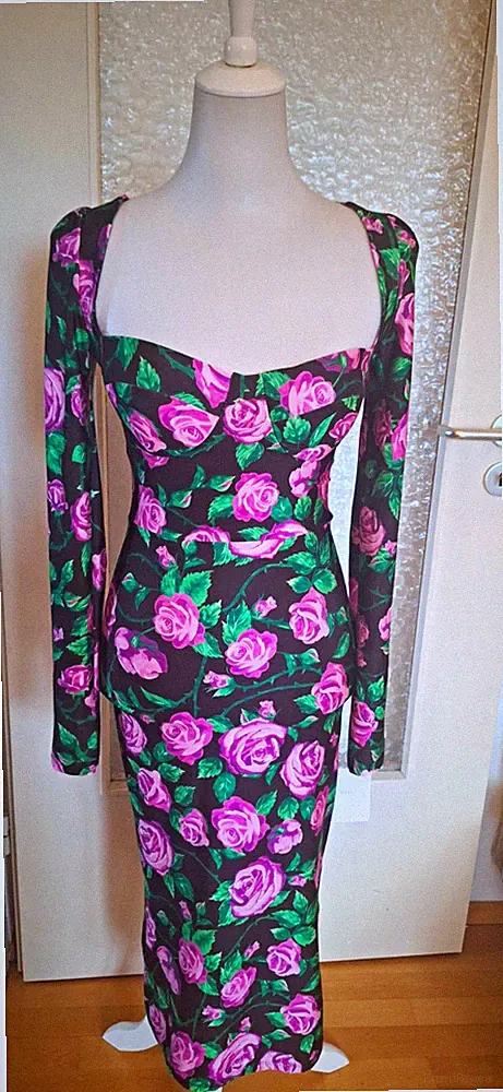 k1 Damen Etuikleid Midi M schwarz-rosa-grün Mesh Blumen Herzausschnitt Langarm