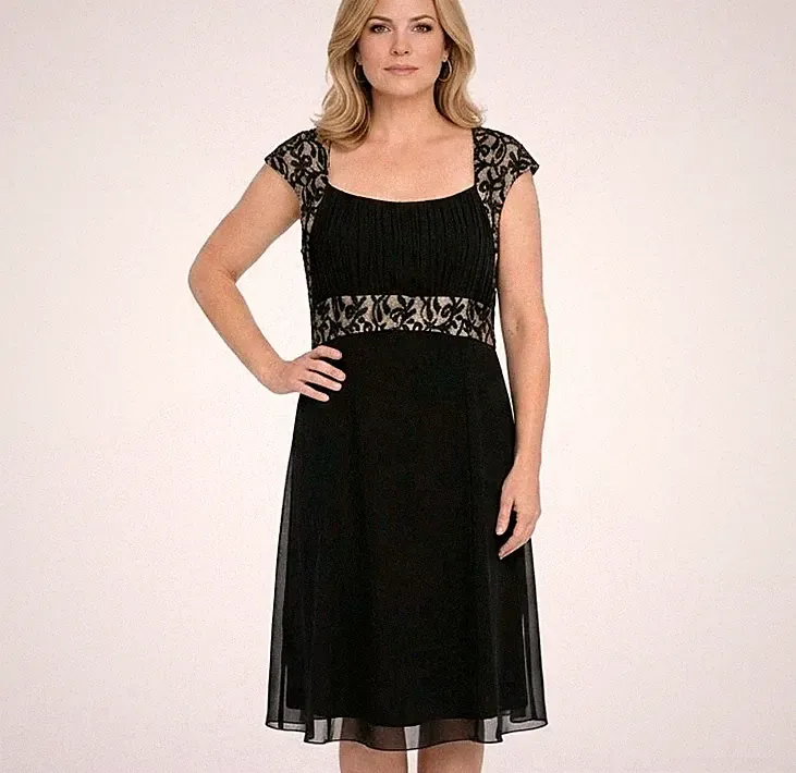 Kaleidoscope schwarz Spitze Chiffon Kleid UK 16 elegant Abend Hochzeit Gast Midi