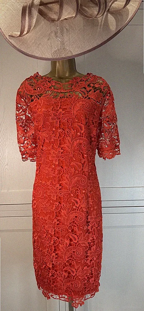 Kaleidoscope UK 20 Kleid orange Spitzenärmel tailliert Hochzeit Mutter Gast Rennen