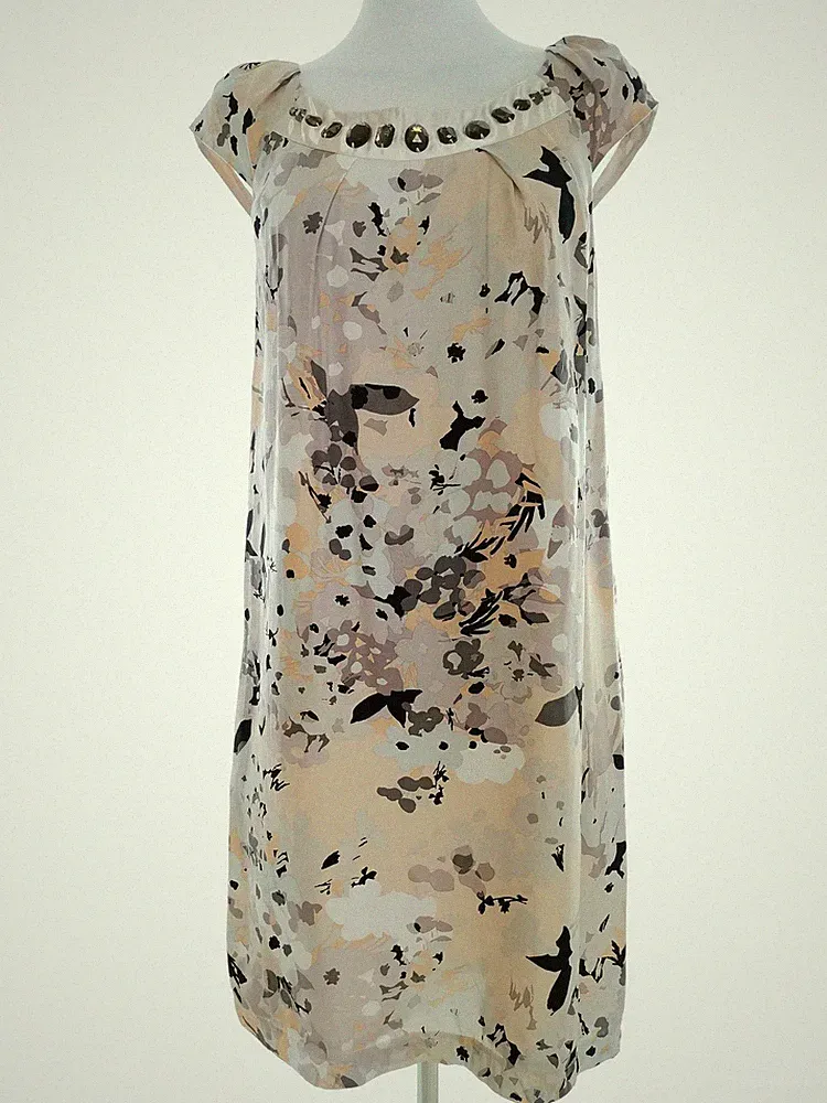 KALIKO Damen A-Linien-Kleid Gr. 36 Beige Viskose 100% Kurzer Ärmel Perlen