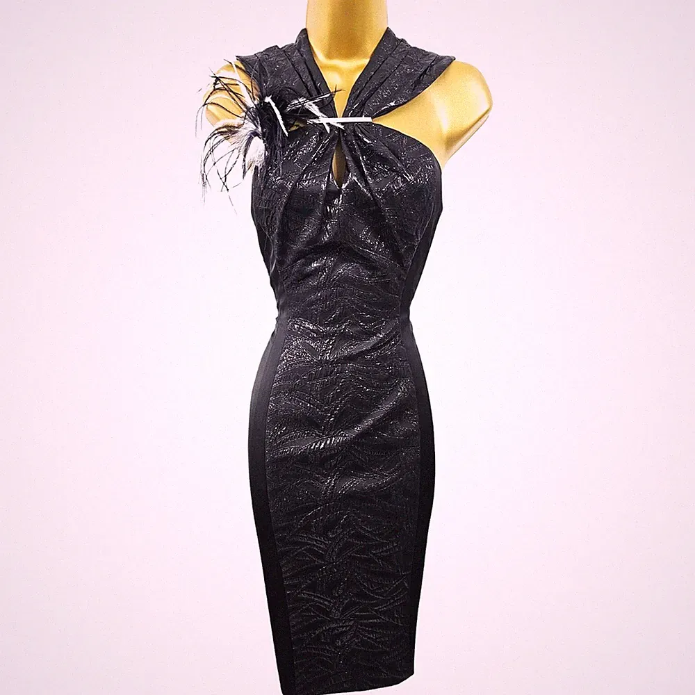 Karen Millen 10 UK schwarz schimmerndes Jacquard Satin Bleistiftkleid Hochzeit Gast Party