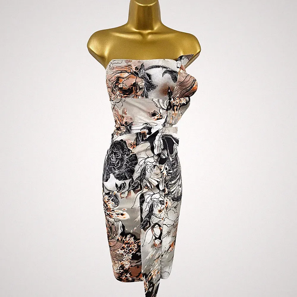 Karen Millen 12 UK Vintage Multi Floral Corset Satin Waterfall Pencil Dress