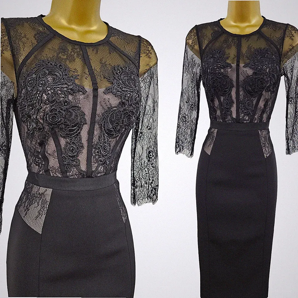 Karen Millen 14 UK schwarz Blumen bestickt Spitze Bleistiftkleid Hochzeit Gast Y2K