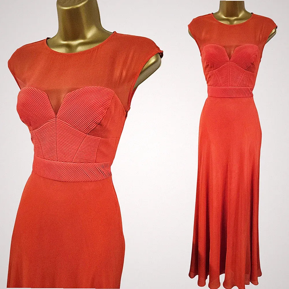 Karen Millen 8 UK orange Seide Korsett Plissee Hochzeit Gast Abschlussball langes Maxikleid