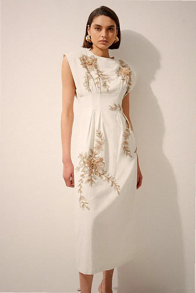 Karen Millen A-Linien Midikleid UK8 in Creme UVP 309£