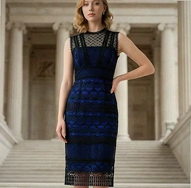 Karen Millen blau schwarz Spitze Bleistiftkleid UK 10 Anlass Hochzeit Gast Midi