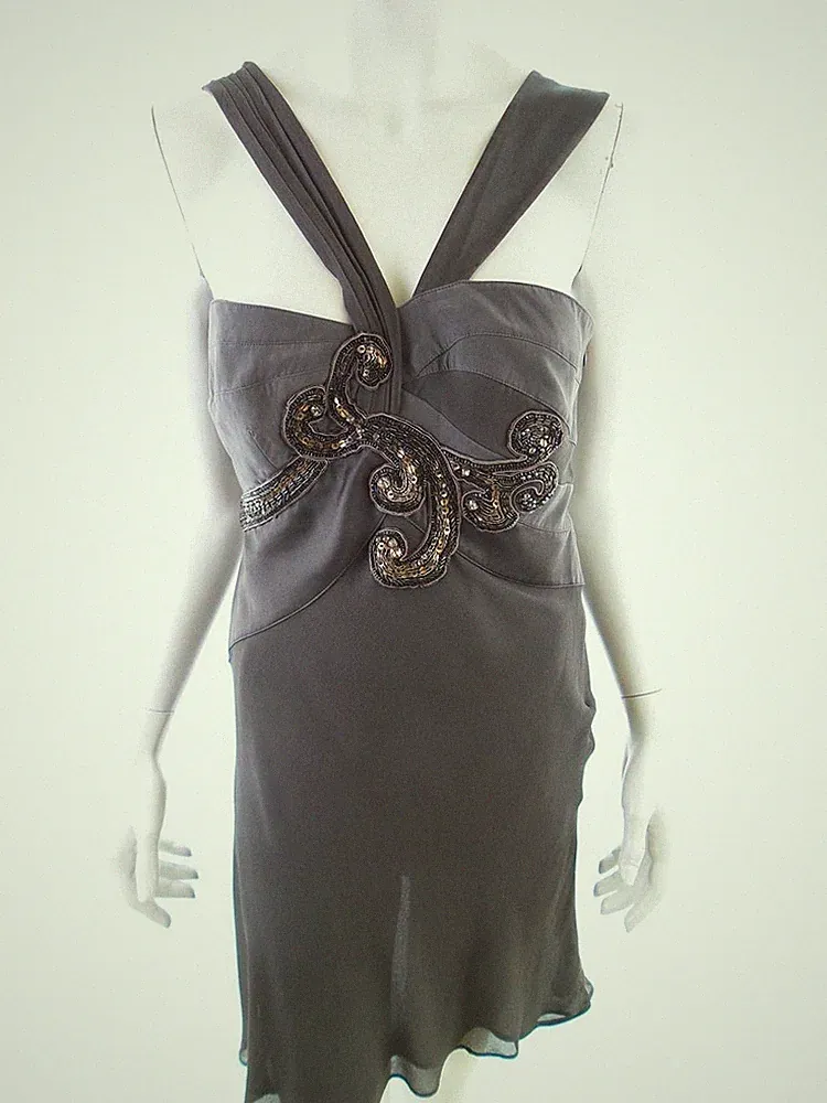 KAREN MILLEN Damen A-Linien-Kleid Gr. 40 Grau Seide 100% Ärmellos Kristalle