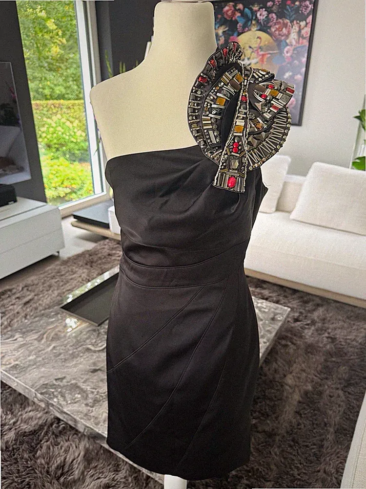 Karen Millen Damen Etuikleid schwarz 36 kurz One-Shoulder Reißverschluss