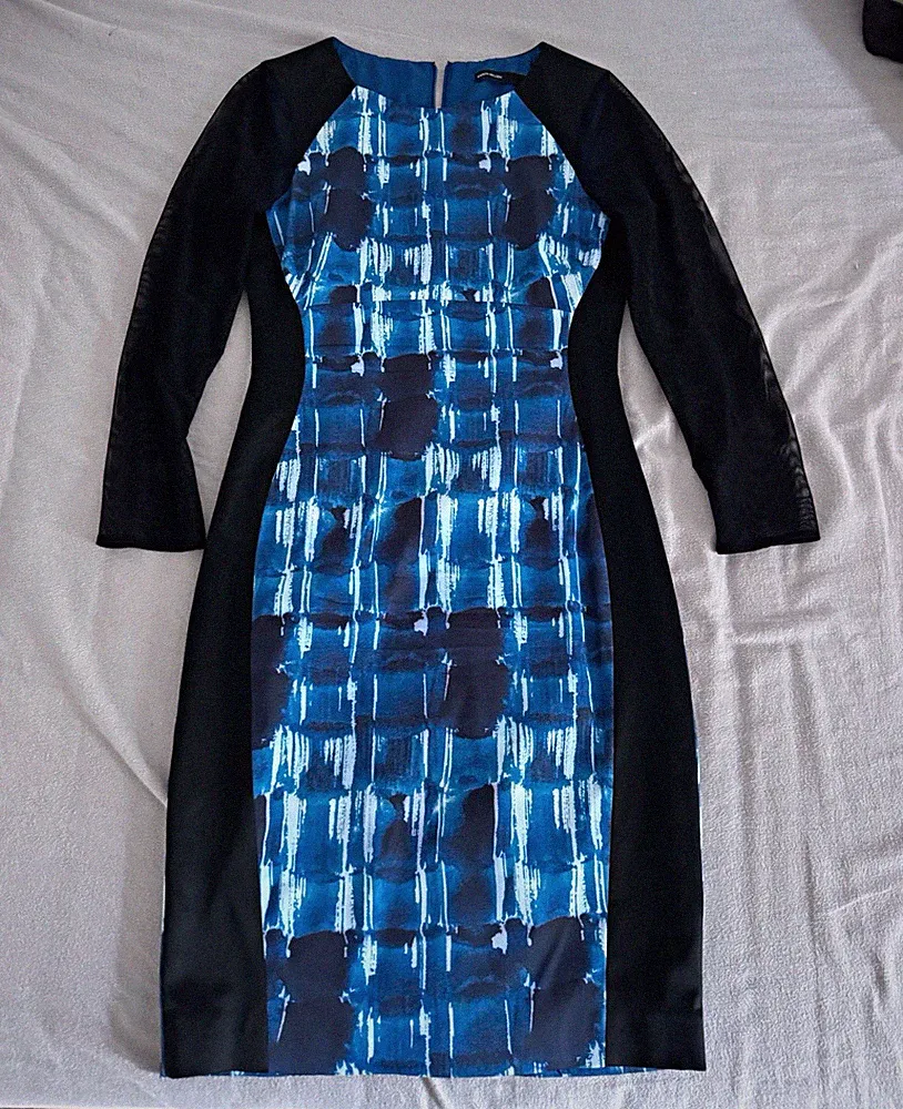 Karen Millen Etuikleid Gr. 40 Blau/Schwarz abstrakt Mesh Langarm knielang