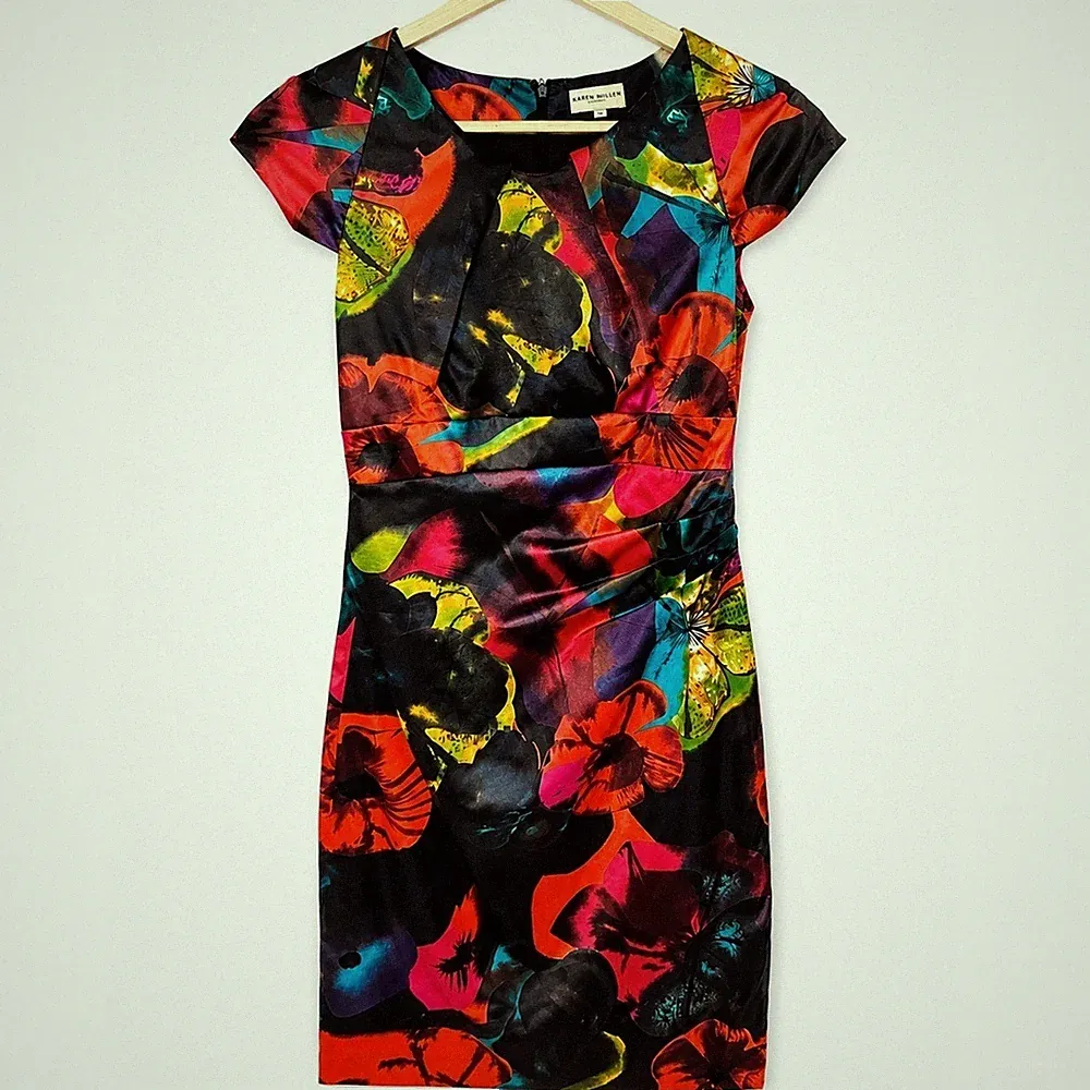 Karen Millen Floral Satin Sheath Midi Dress Size 12 Wedding Guest Cocktail