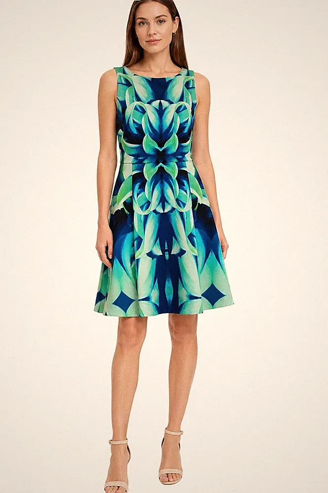Karen Millen Midikleid blau grün geblümt A-Linie UK 10 Hochzeitsgast ärmellos