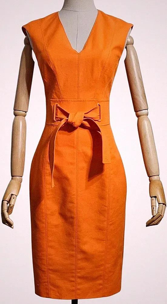 KAREN MILLEN Orange Etuikleid Ärmellos Gürtel Midi UVP-180£ UK 6 US 2 EU 34