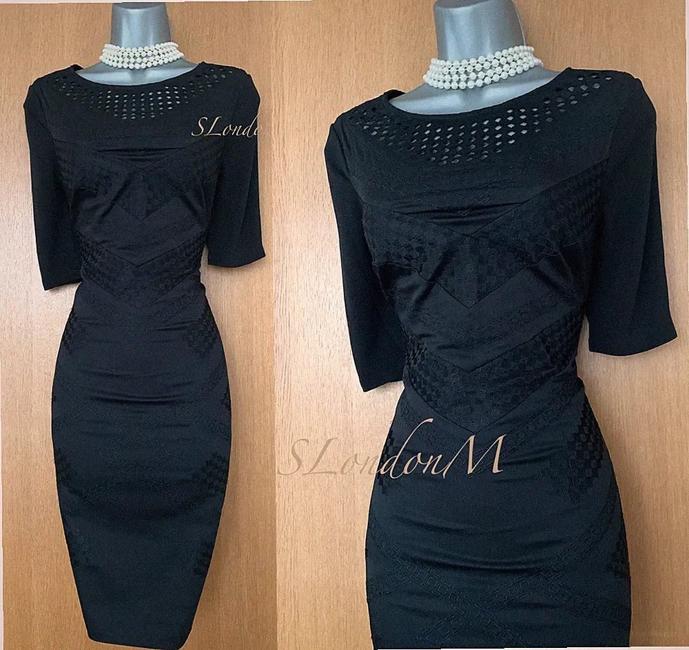 Karen Millen UK 10 Schwarz Bestickt Lochstickerei Kurzärmelig Bleistiftkleid