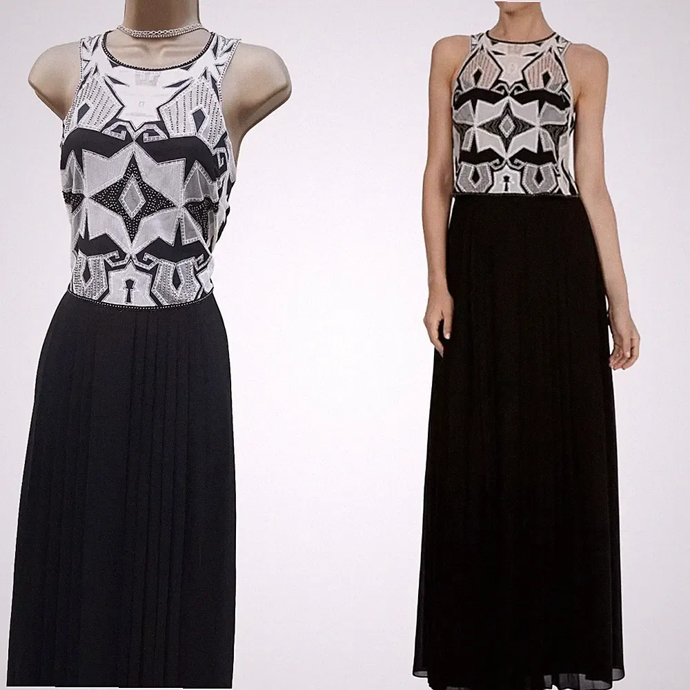 Karen Millen UK 8 Tribal bestickt schwarz elfenbein Plissee Maxikleid Hochzeitsgast
